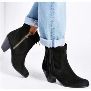 Sam Edelman Louie 7.5 M Booties Black Suede Fringe Western Ankle Boots Cowgirl